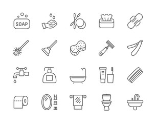 Set of Hygiene Line Icons. Bathtub, Bath Sponge, Tampon, Toilet Plunger and more