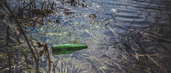 Green beer bottle in the pond. The concept of environmental pollution.