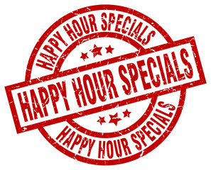 happy hour specials round red grunge stamp