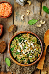 lentils mushroom spinach quinoa with fresh spinach leaves and cashews