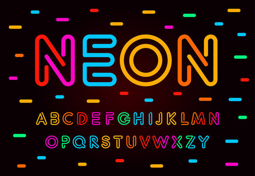 Neon letters, numbers and symbols set. Colored tube, colorul contour modern style abc, lines latin alphabet. Fonts for events, promotions, logos, banner and monogram. Vector Typography design.