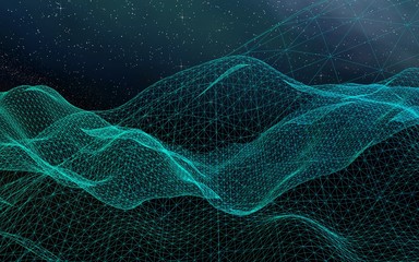 Fototapeta premium Abstract landscape on a dark background. Cyberspace grid. hi tech network. Outer space. Starry outer space texture. 3D illustration