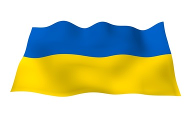 The flag of Ukraine on a white background. National flag and state ensign. Blue and yellow bicolour. 3D illustration waving flag