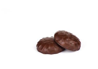Marshmallow in chocolate icing isolated on white background.