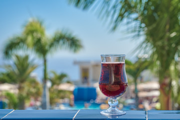 Delicious sangria wine on the balcony of a hotel against sea view.
