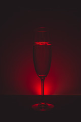 Glass of champagne on a dark background with a red halo
