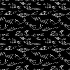 Seamless pattern of outlines of small abstract fishes