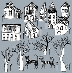 Vector image of fabulous cityscape with walking cats