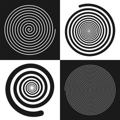 Spirals set: uniform and decreases towards the center. Vector illustrations. Black and white isolated geometric figures. Symbol of recurrence and cyclic of progress.