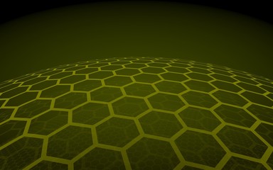 Multilayer sphere of honeycombs, yellow on a dark background, social network, computer network, technology, global network. 3D illustration