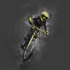 Naklejki  Rysunek ołówkiem ilustracja rowerzysty na rowerze zjazdowym na szarym tle