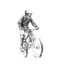 Pencil drawing illustration of a cyclist on a downhill bike  on white background