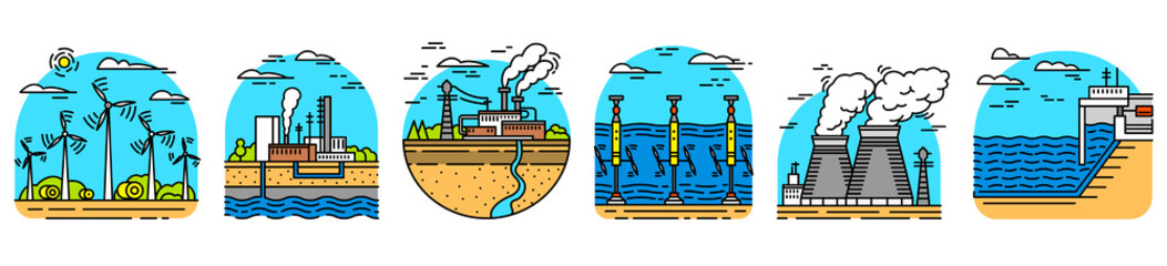 Generating energy. Power plants icons. Industrial buildings. Set of Ecological sources of electricity.