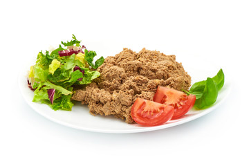Plate of homemade liver pate, close-up, isolated on white background