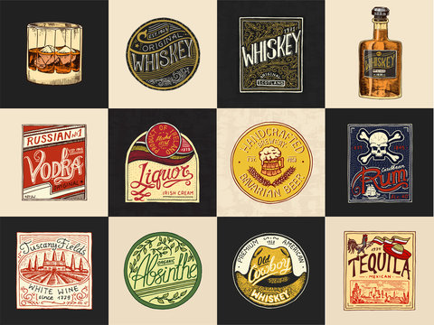 Alcohol Labels. Set of Vintage American badge with calligraphic elements.Hand drawn engraved Rum Whiskey Beer.