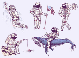 Collection soaring spaceman. Set of Astronauts in space. Dancer musician adventure in the galaxy. Engraved hand drawn pop art comic sketch. © artbalitskiy