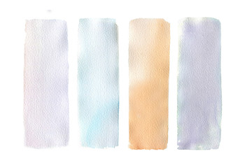 Set of art painted abstract backgrounds, gradient rectangles, pastel color. Multicolor design, banner elements, color stripes, hand drawn watercolor illustration on white background