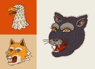 Vintage animal heads. Logo for t-shirt. Wild panther, fox and Falcon. Hand drawn Engraved Monochrome.