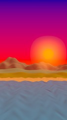 Sun Sea Beach. Sunrise. Ocean shore line with waves on a beach. Island beach paradise with waves. Vacation, summer, relaxation. Seascape, seashore. Minimalist landscape, primitivism. 3D illustration