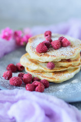 Fritters with raspberries on a gray plate front view close-up against the background of a concrete wall and pink flowers