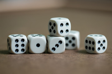 Close up macro photo of many dice on board