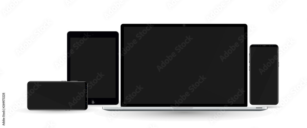 Poster set mock-up of realistic devices. smartphone, tablet, laptop, 3d vector collection gadgets, mockups 