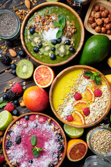 Smoothie bowls. Healthy breakfast bowl with chia seeds, muesli, berries, fruits and coconut flakes coconut flakes. Vegan food