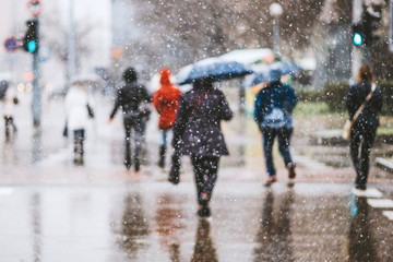 pedestrians on snowy day