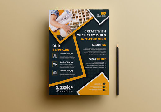 Construction Flyer Layout with Orange Accents and Graphic Icons