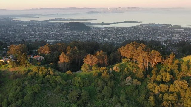 Morning light illuminates the hills surrounding San Francisco Bay. A wet winter has caused lush vegetation growth in the East Bay hills near Oakland and Berkeley. 