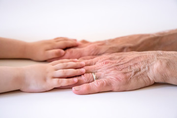 Fototapeta premium An elderly woman (old lady, grandmother) holds her little granddaughter's small hands. Family unity, love, help, assistance. Age and generational difference. Aged and wrinkled hands with young hands.