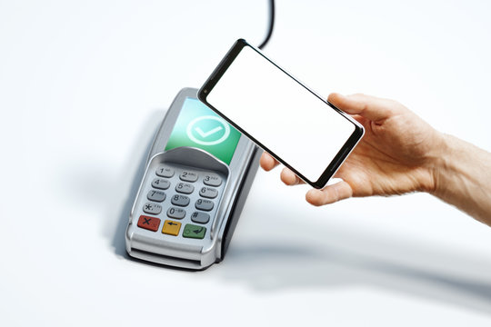 Hand, mobile phone with blank screen and POS payment terminal. 3d rendering.