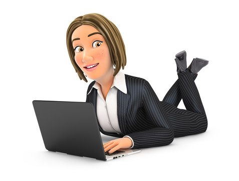 3d business woman lying on the floor and using laptop