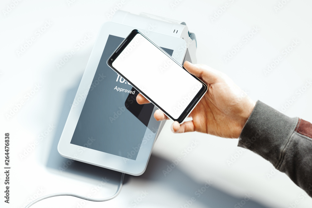 Poster hand holding mobile phone and pos payment terminal nfc payments. 3d rendering.