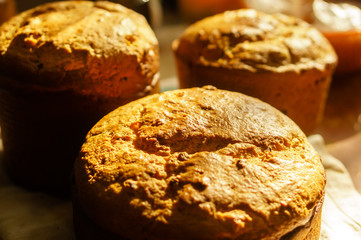 Close up of homemade fresh crusty bread on blurred background