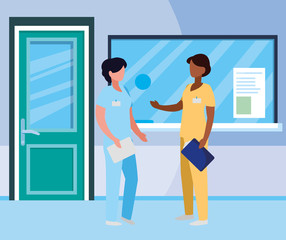 interracial female medicine workers in hospital reception