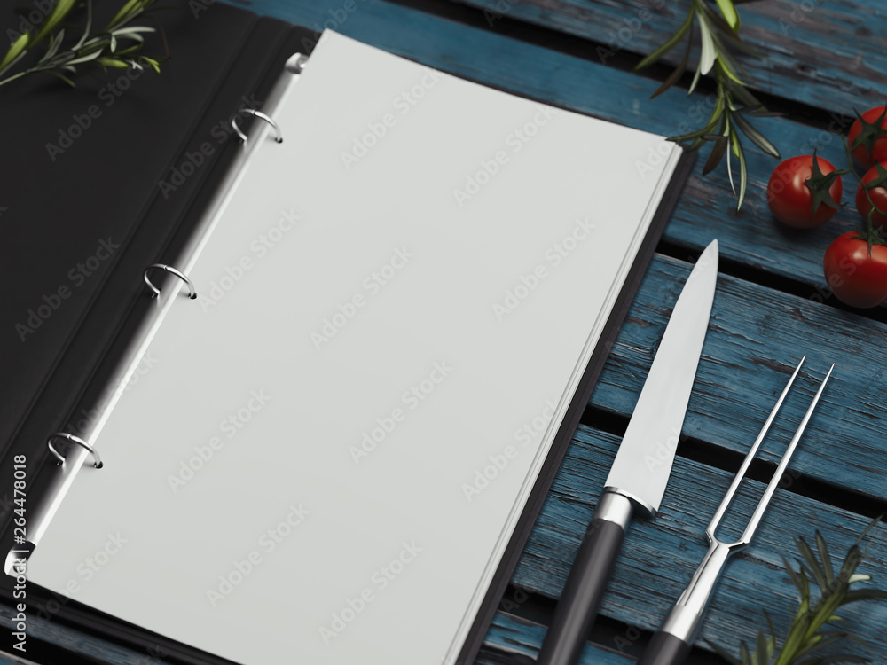 Poster menu with blank paper sheets with utensils on wooden background. 3d rendering.