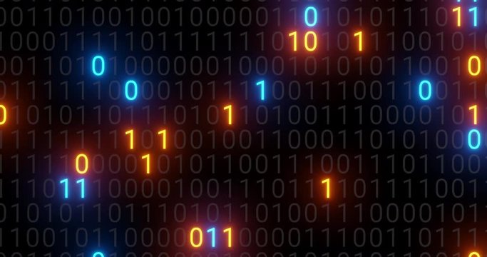 Abstract seamless blue orange digital binary code matrix background VJ loop with flare. Futuristic Big data information technology, data center, block chain, server, internet, hi-speed. 3D render