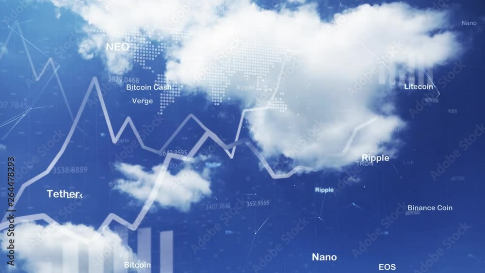 Poster conceptual 3d financial business chart graphs with diagrams and cryptocurrency word names on sunny s