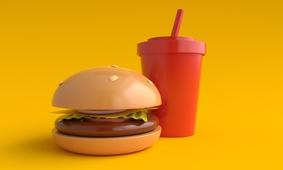Tasty hamburger and drink on orange background. Fast food. 3d rendering
