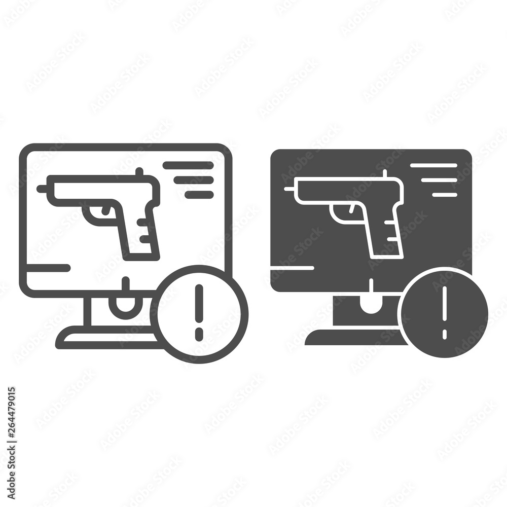 Poster weapon on computer line and glyph icon. computer attack vector illustration isolated on white. gun o