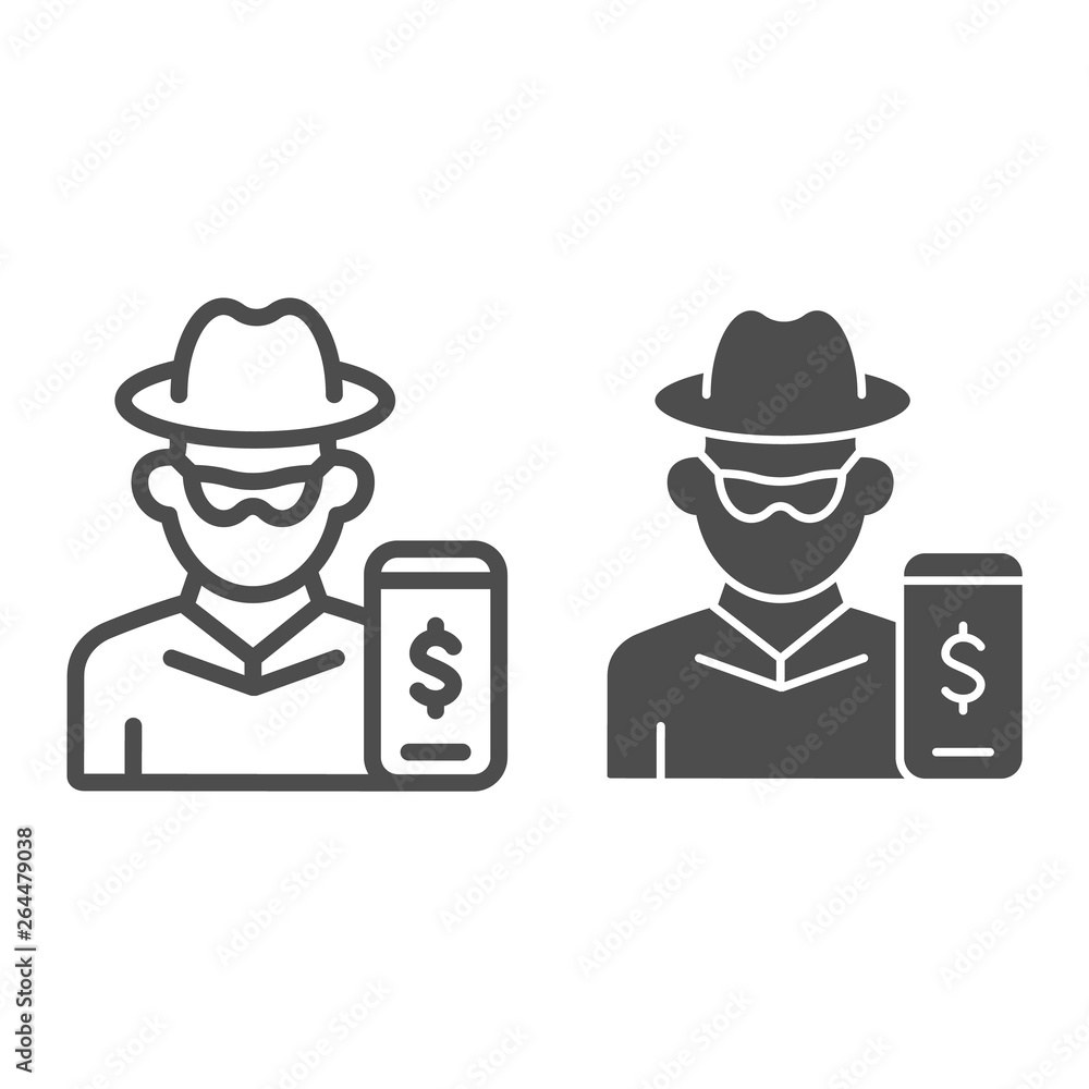 Poster hacker on smartphone line and glyph icon. mobile phone with thief vector illustration isolated on wh