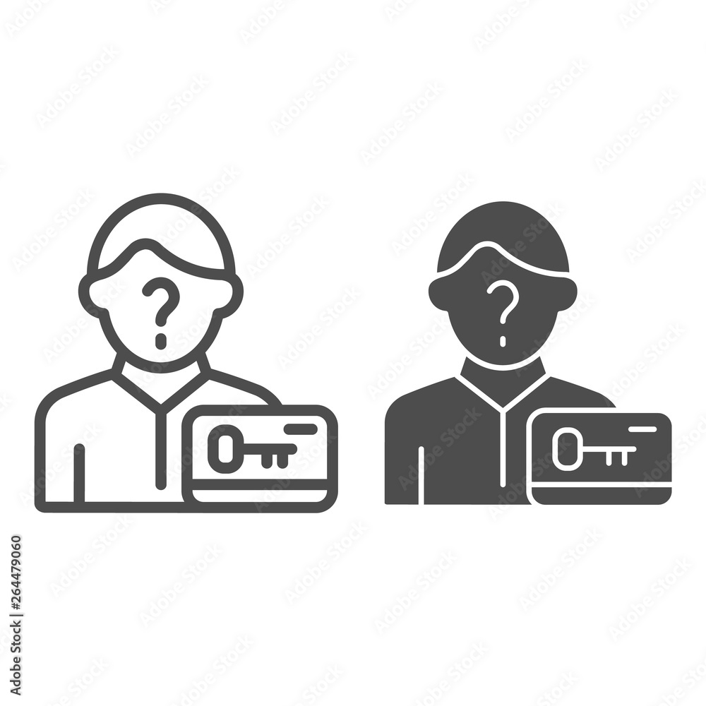 Poster card key and anonymous line and glyph icon. man and plastic key vector illustration isolated on whit