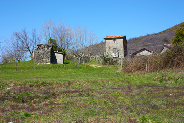 Obraz premium abandoned village and empty solitary houses. green lawn on a sunny spring day in Cerreta San Nicola