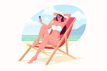 Beautiful girl in a swimming suit and hat sits on the beach in a sunbed and make selfie. Woman with smartphone relaxing on the beach. Summer vacation vector illustration. Flat style.
