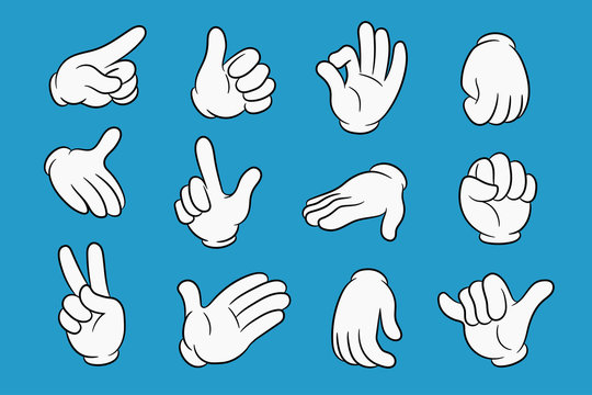 Cartoon hands set in different gestures. Hands in white gloves with black stroke. Element for your design. Vector illustration.