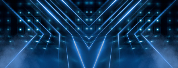 Dark empty scene, blue neon searchlight light, wet asphalt, smoke, night view, rays.