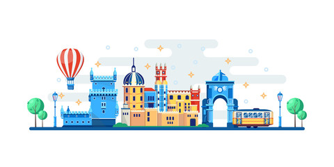 Obraz premium Lisbon cityscape with famous touristic landmarks. Vector flat illustration. Travel to Portugal banner design elements