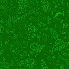 Pattern Set and freehand sketch. Mexican sombrero,bottle tequila,maraca,mexican burrito, fried egg, pepper. Vector illustration.