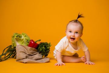 baby girl sitting with bag of vegetables on yellow isolate background, space for text. the concept of healthy eating.organic food